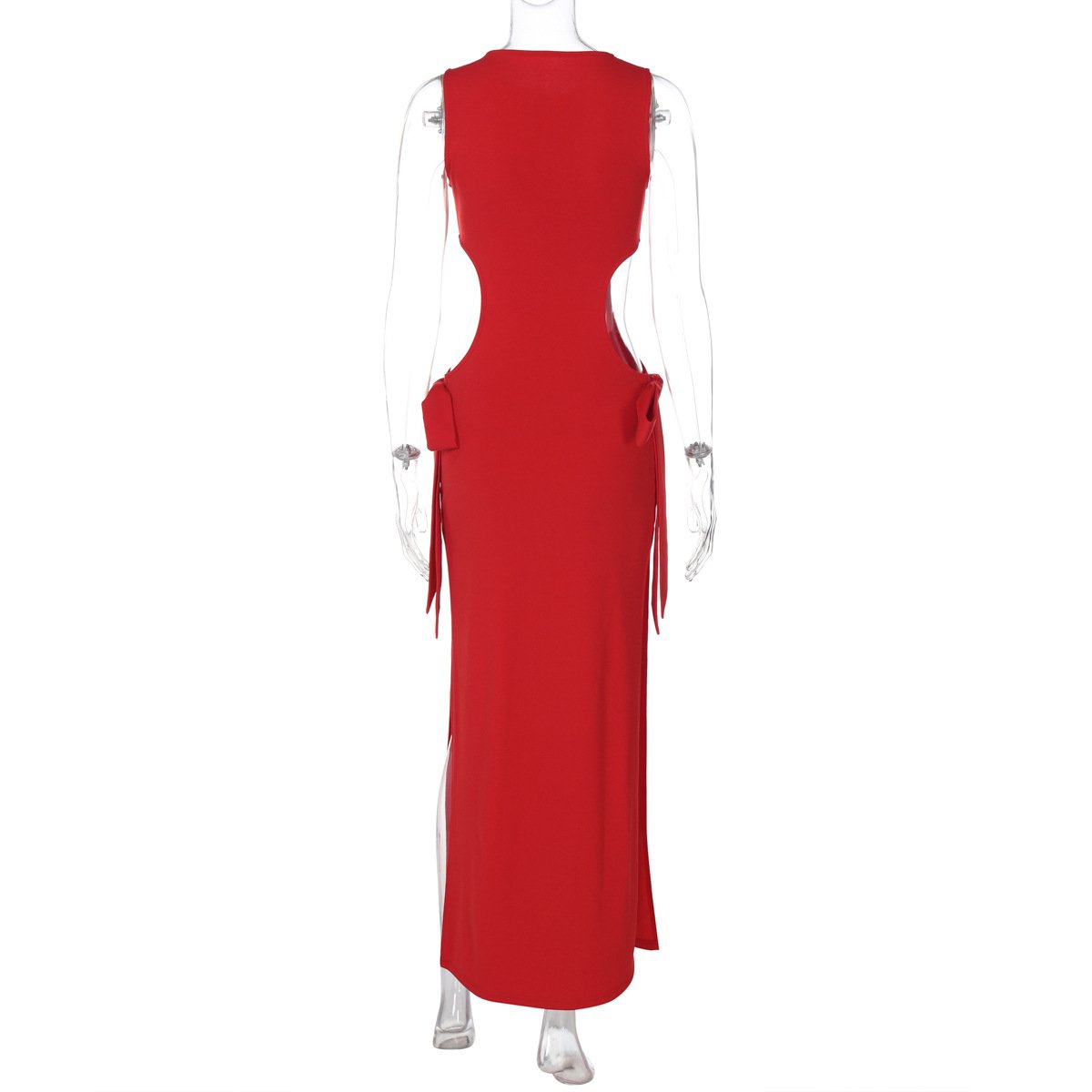 Crewneck sleeveless bowknot hollow out slit maxi dress
