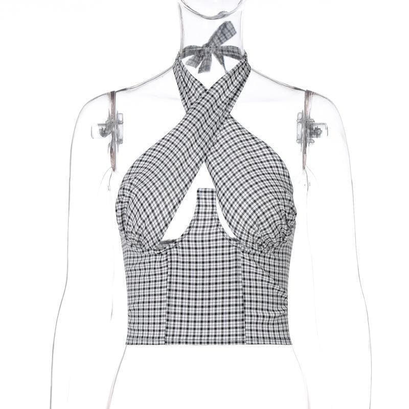 Sleeveless backless halter hollow out plaid cut out top