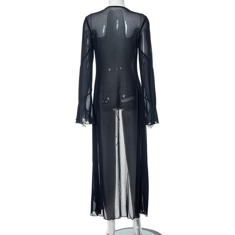 Flared sleeve ruffle sheer mesh see through self tie maxi dress  | samba dress