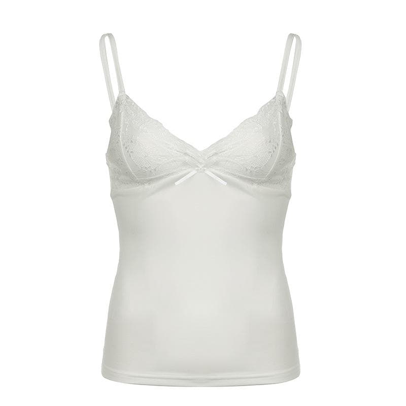 Bowknot v neck lace backless patchwork solid cami top