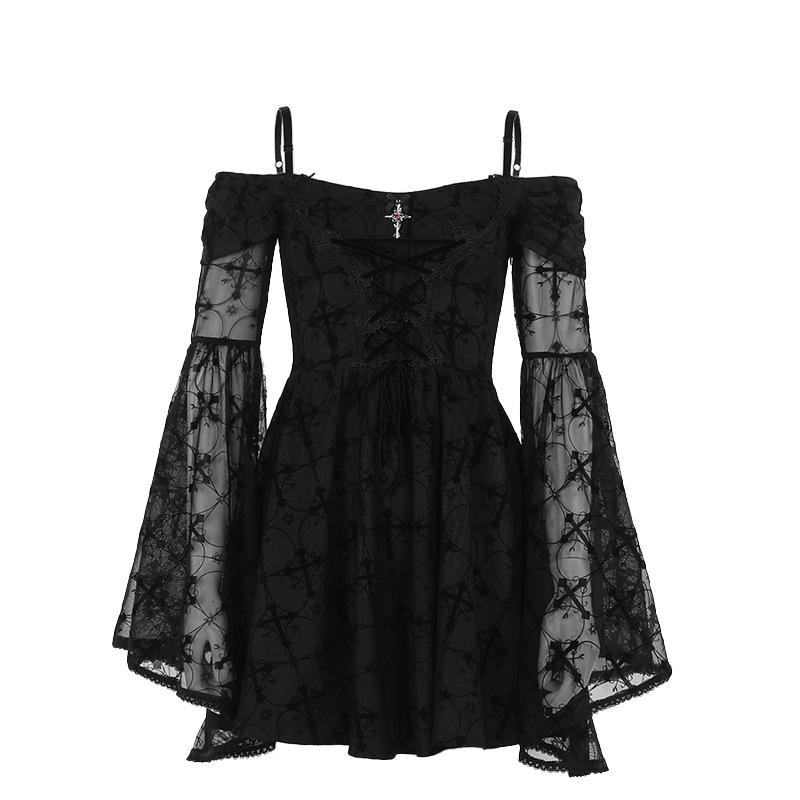 Long flared sleeve off shoulder cross applique mini dress  | black rave dress