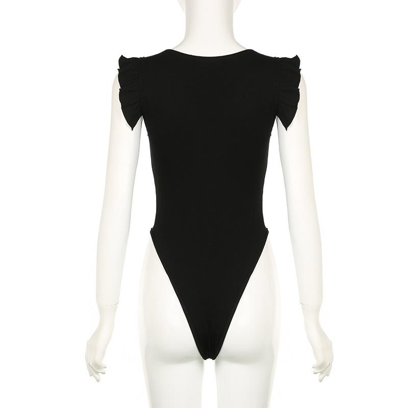 Mesh ruffle v neck metal tag bodysuit