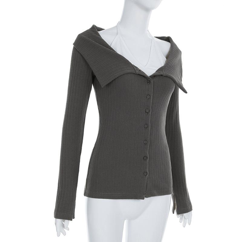 Long sleeve turnover collar halter button 2 piece top