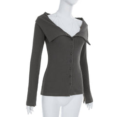 Long sleeve turnover collar halter button 2 piece top