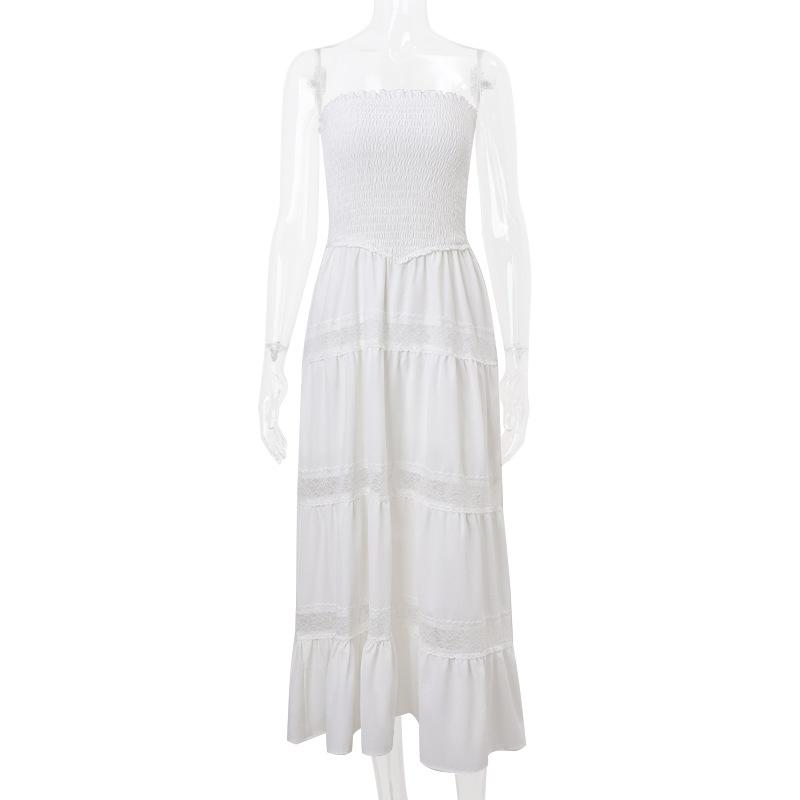 Smocked ruched lace patchwork tube midi dress