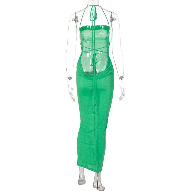 Halter ruched backless lace up solid self tie maxi dress