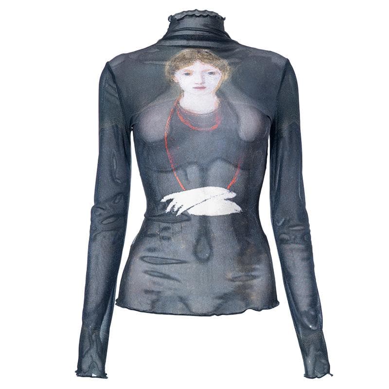 Ruffle see through sheer mesh long sleeve oil painting print top