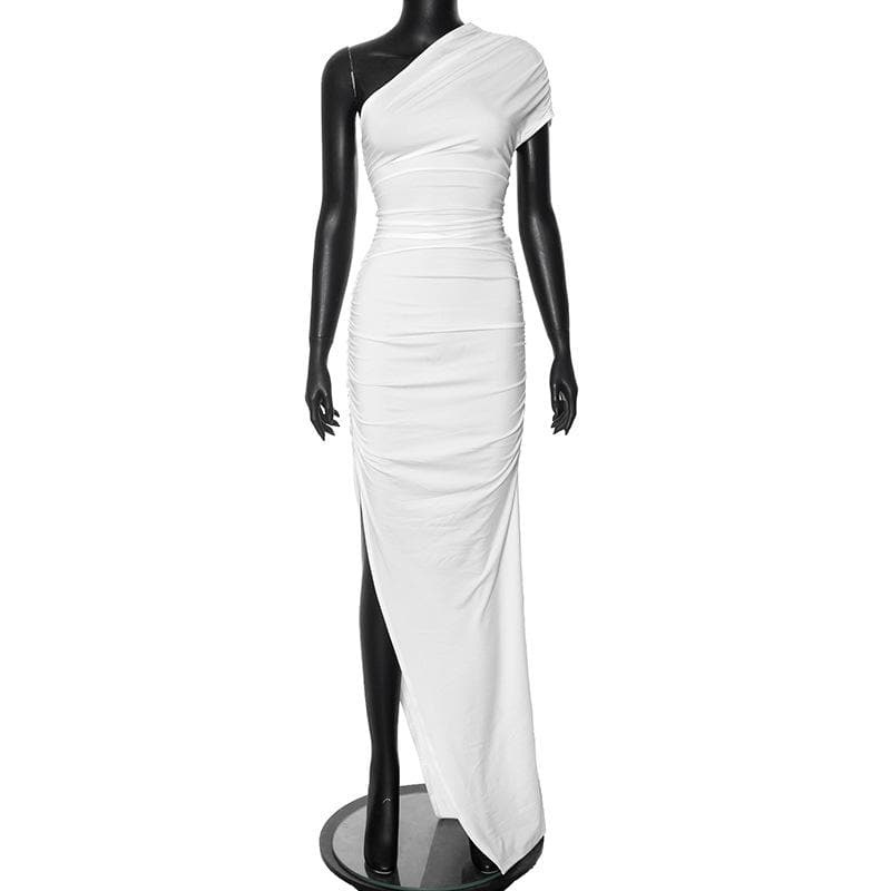 Short sleeve one shoulder slit ruched maxi dress