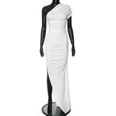 Short sleeve one shoulder slit ruched maxi dress