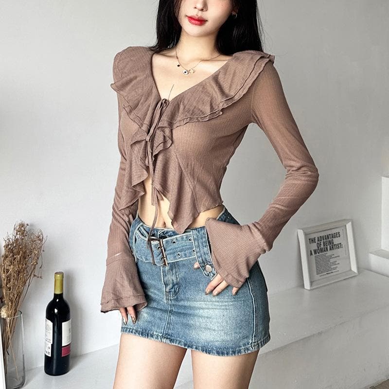 Self tie solid ruffle long flared sleeve v neck crop top