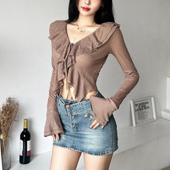 Self tie solid ruffle long flared sleeve v neck crop top