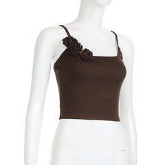 Flower applique square neck solid backless cami crop top