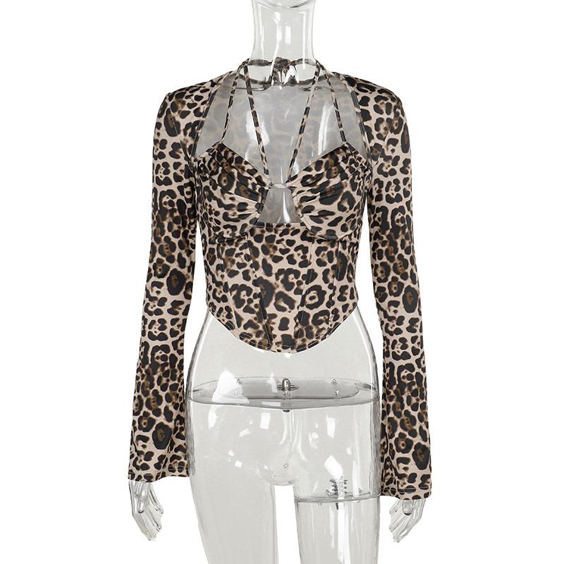 Leopard print halter long sleeve hollow out top