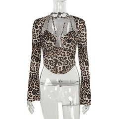 Leopard print halter long sleeve hollow out top