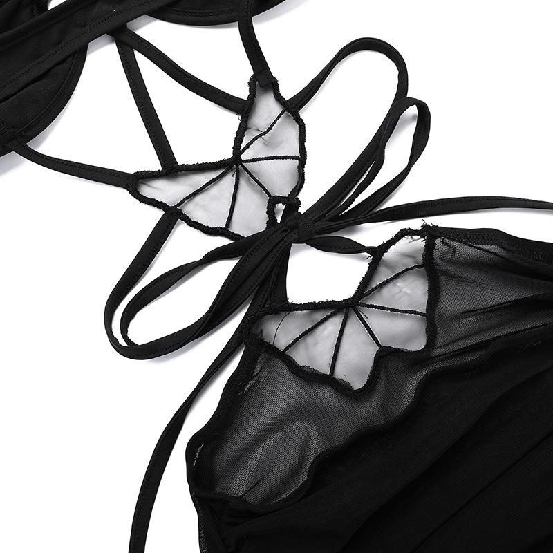Cross front butterfly mesh hollow out cami mini dress  | black rave dress