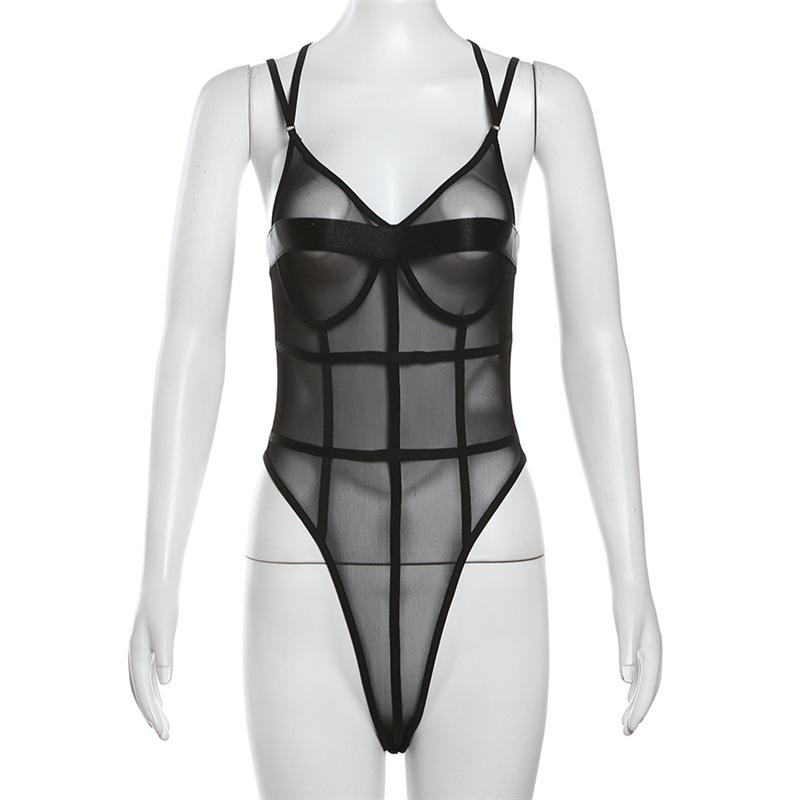 Stitch mesh patchwork cross back cami bodysuit