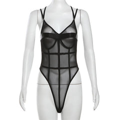 Stitch mesh patchwork cross back cami bodysuit