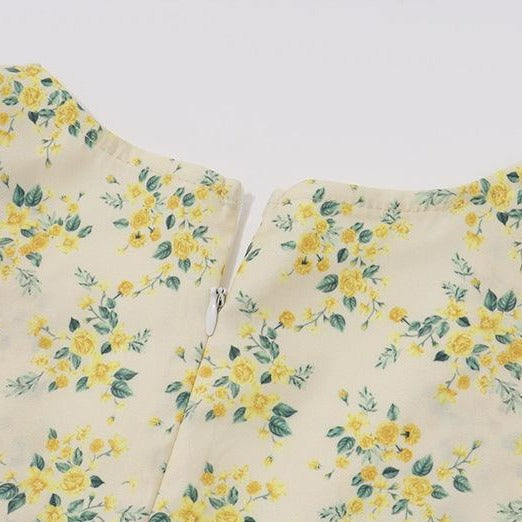 Short puff sleeve print pleated v neck mini dress