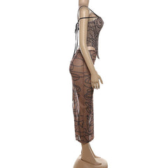 Sheer mesh striped print self tie cami mini skirt set