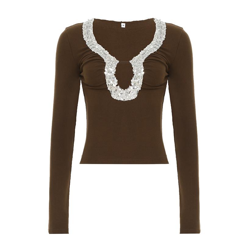 Long sleeve glitter hollow out top