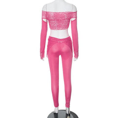 Long sleeve off shoulder see through lace pant set
