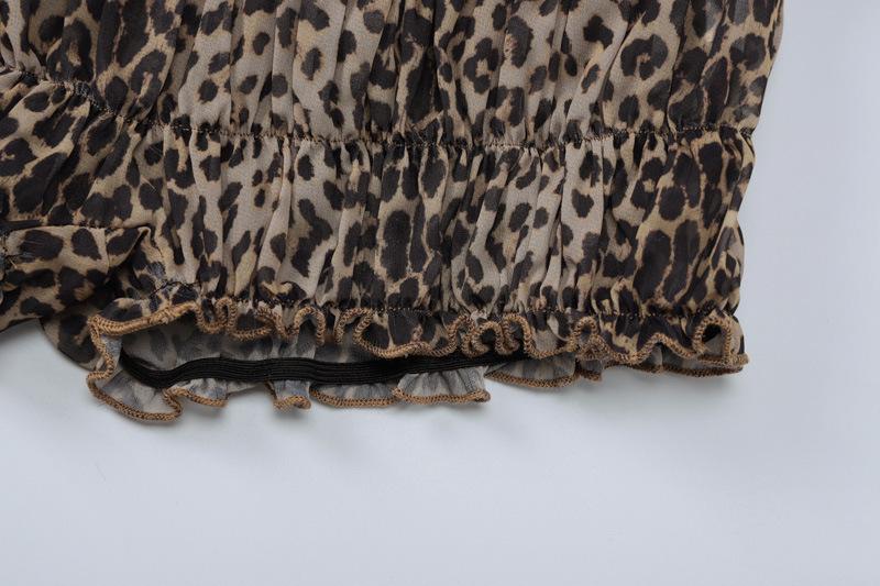 Leopard print ruffle ruched crop chiffon cami pant set