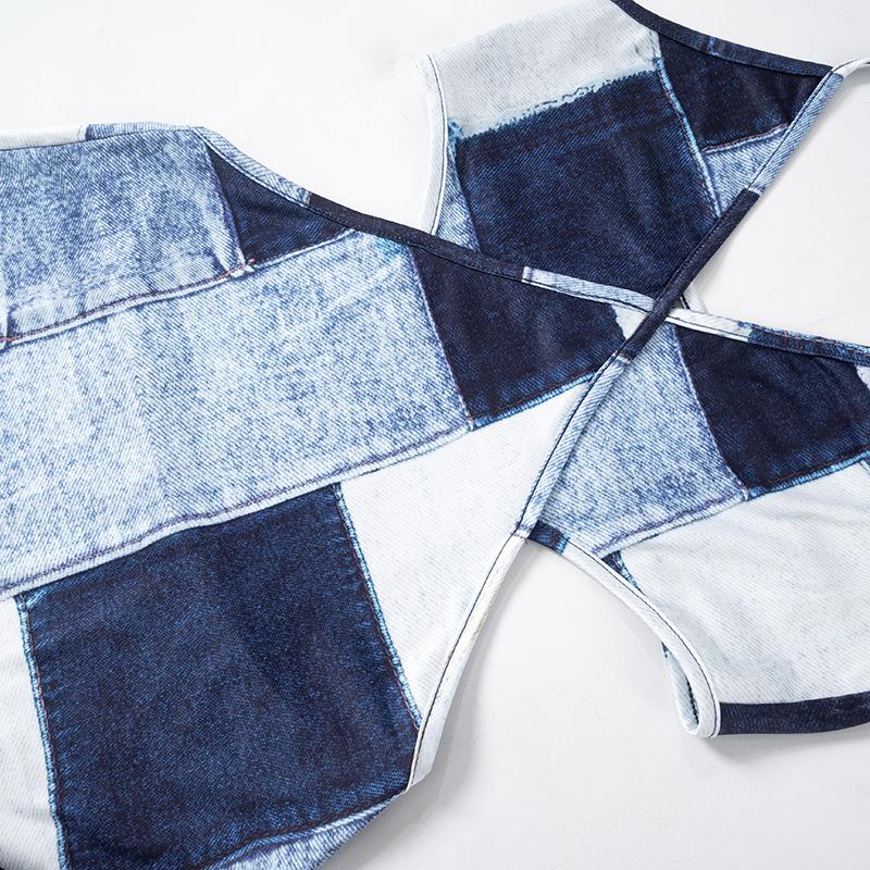 Halter patchwork denim hollow out mini dress
