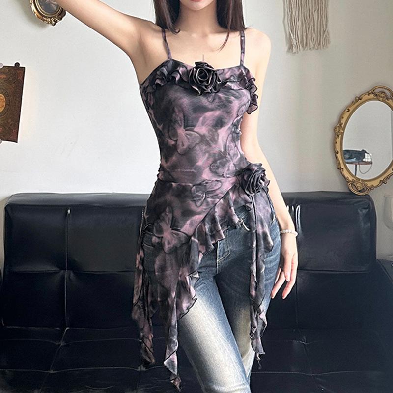 Ruffle sheer mesh print flower applique cami top