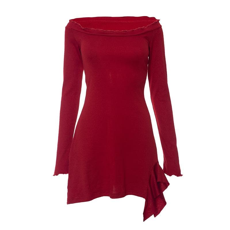 Ruffle solid long sleeve irregular off shoulder mini dress  | red tango dress