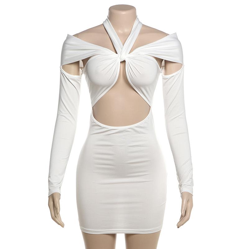 Long sleeve halter hollow out solid mini dress