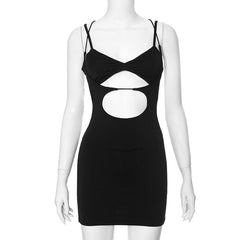 Hollow out cross back backless cami cut out mini dress  | black rave dress