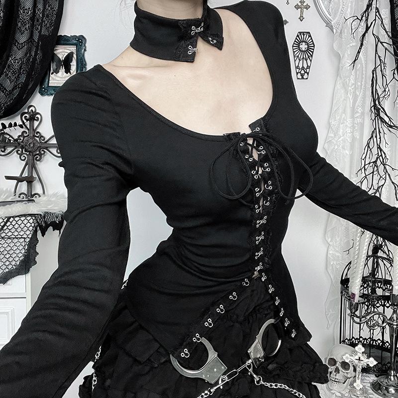 Halter long sleeve button self tie top