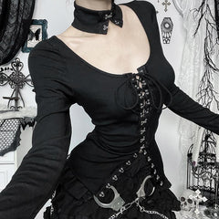 Halter long sleeve button self tie top
