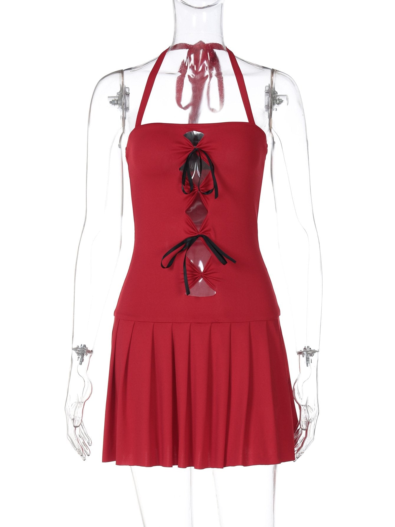 Halter bowknot ruched hollow out mini dress