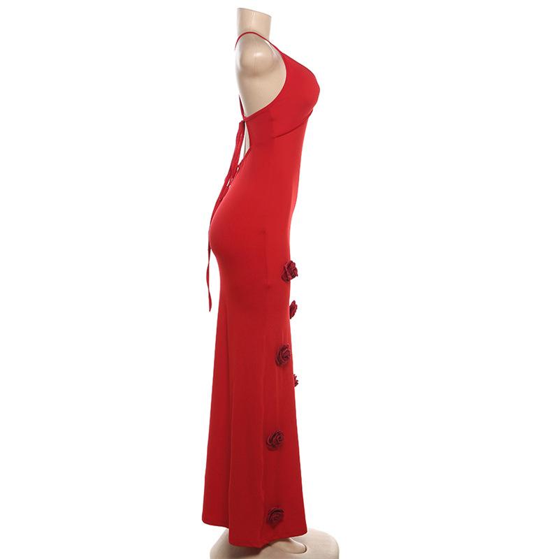 V neck flower applique cross back cami maxi dress  | red tango dress