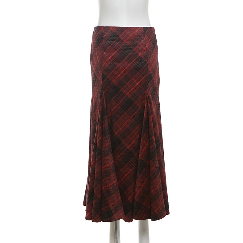 Plaid zip-up ruffle maxi skirt
