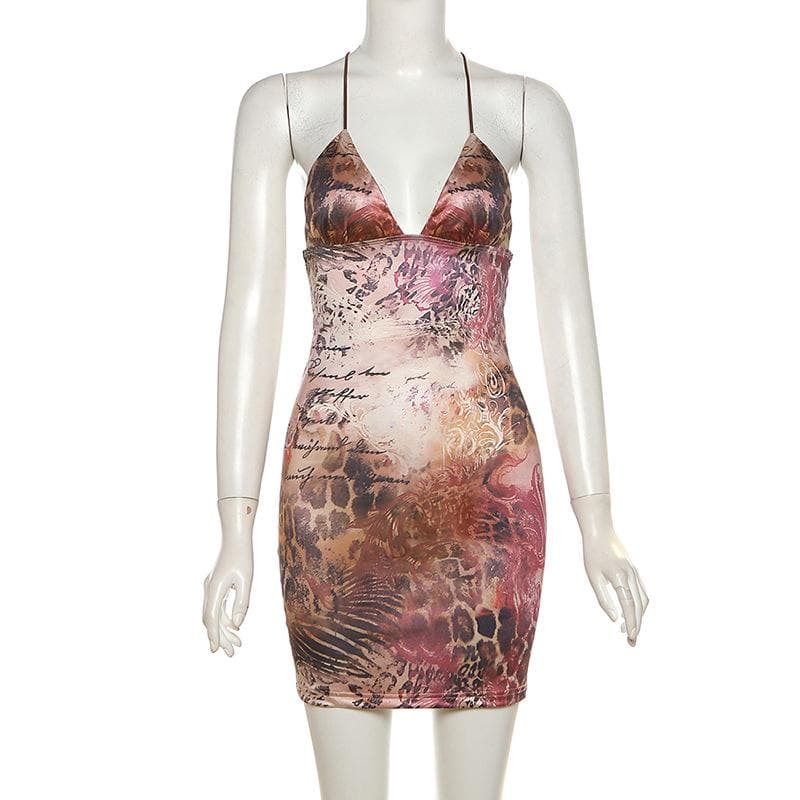 V neck butterfly embroidery backless print cross back cami mini dress  | black rave dress