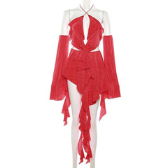 Textured gloves ruffle solid hollow out halter backless mini dress  | red tango dress
