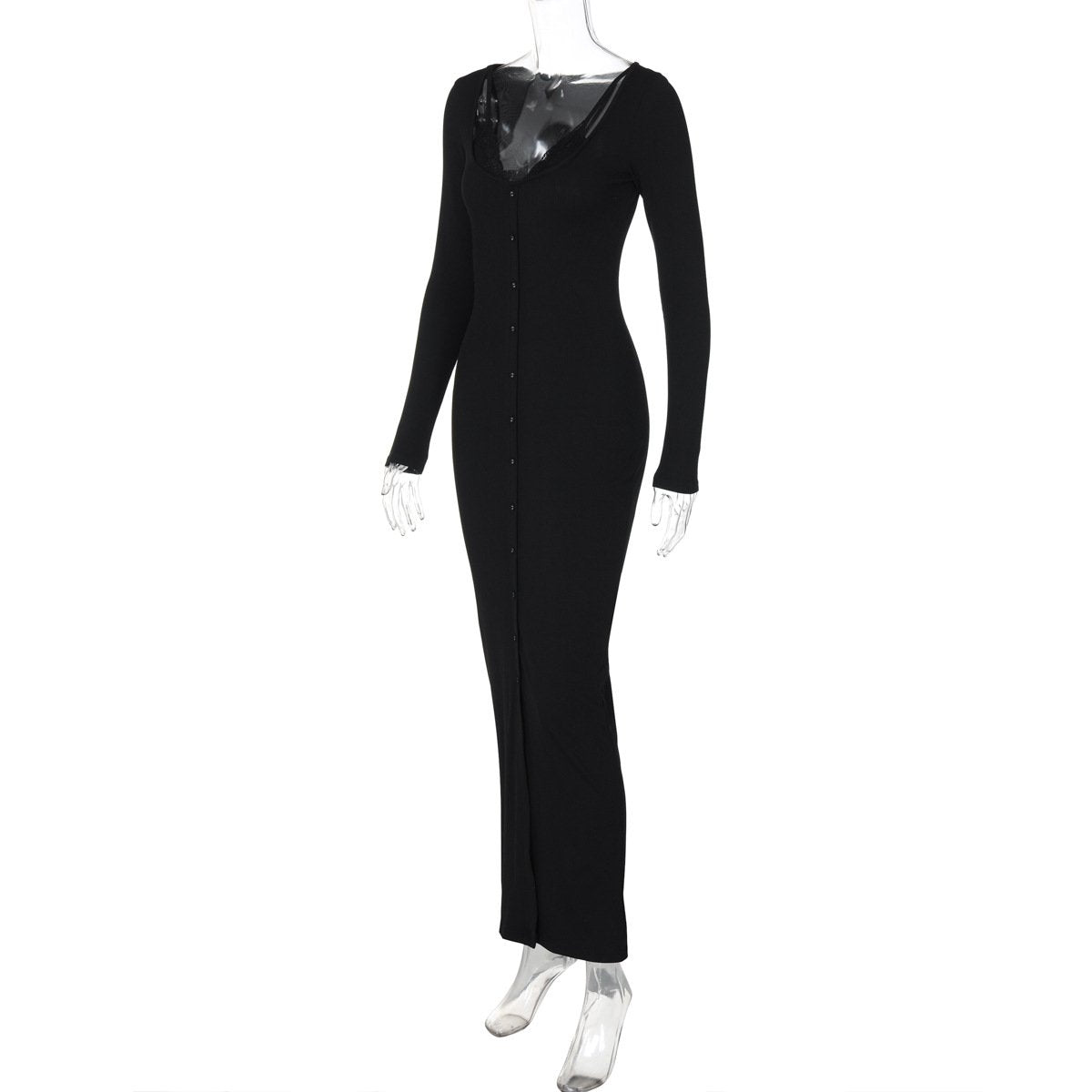 Long sleeve lace hem button maxi dress