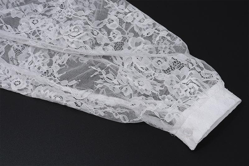Long puff sleeve lace see through flower applique backless crop top
