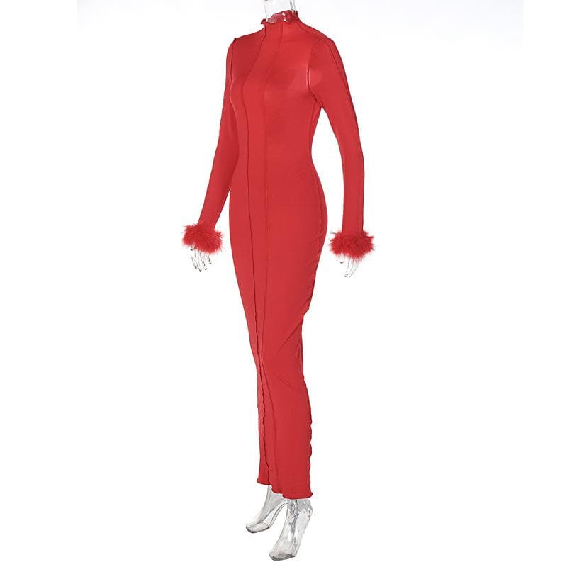 Long sleeve solid feather ruffle high neck backless midi dress  | red tango dress