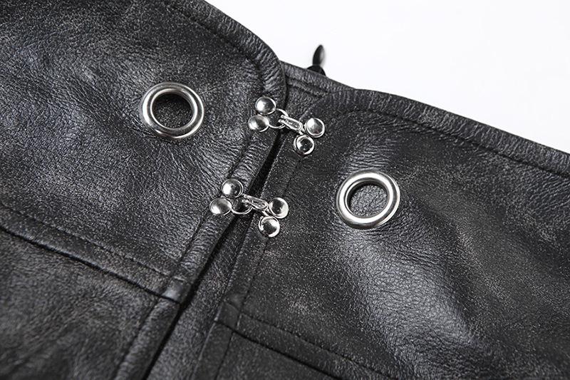 PU leather fishnet patchwork button maxi skirt