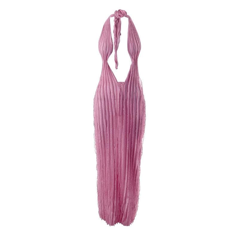 Textured ruffle solid halter self tie v neck backless maxi dress  | red tango dress