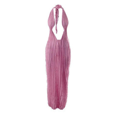 Textured ruffle solid halter self tie v neck backless maxi dress  | red tango dress