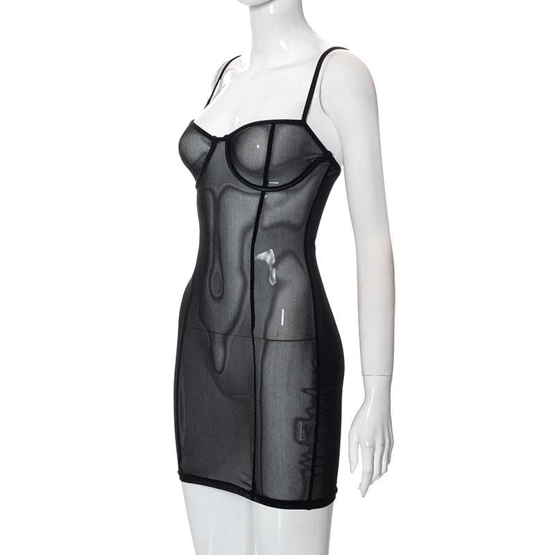 Sheer mesh see through solid low cut cami mini dress  | samba dress