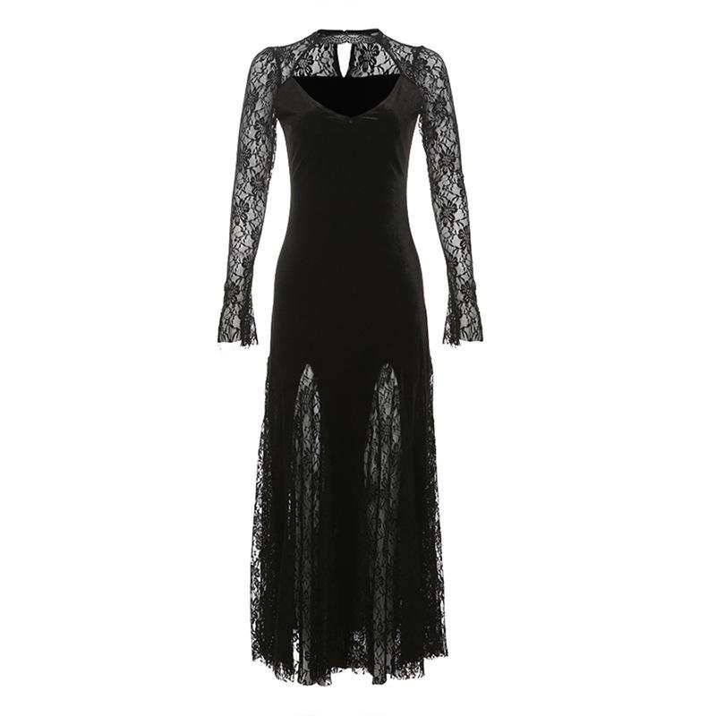Long sleeve v neck lace velvet patchwork maxi dress
