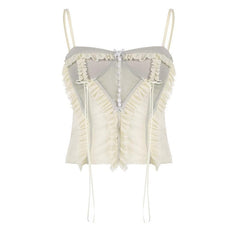 Mesh patchwork ruffle button contrast backless cami ruched skirt set