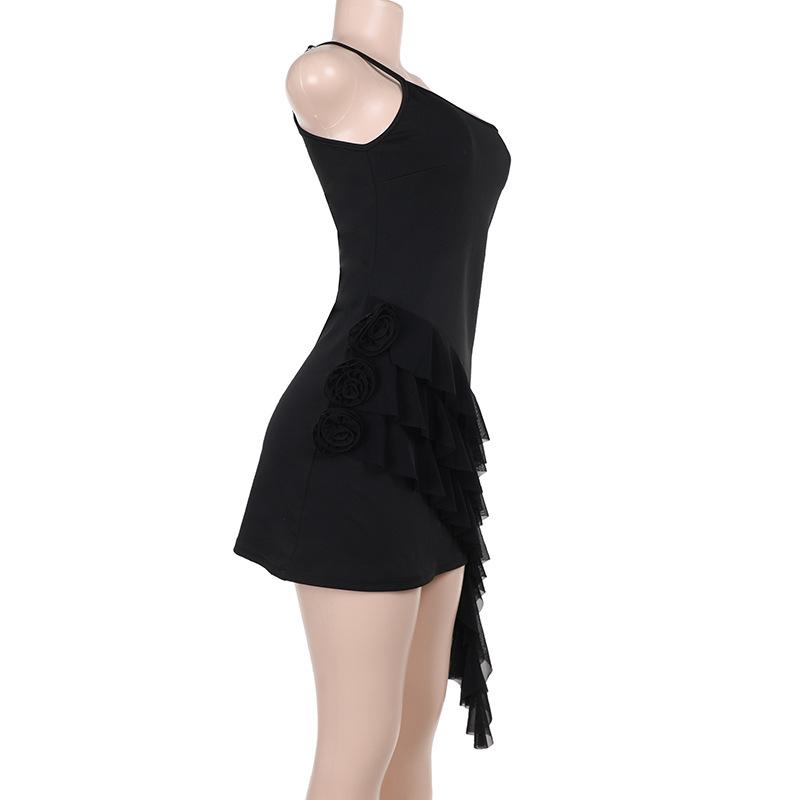 One shoulder ruffle flower applique mini dress  | red tango dress