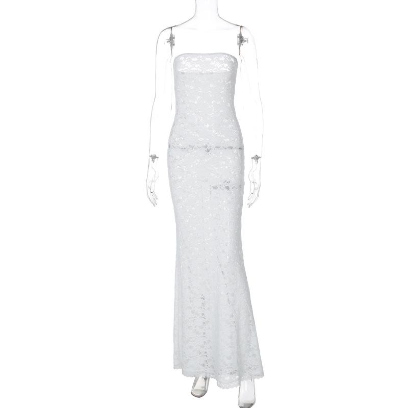 Lace see through solid tube maxi dress