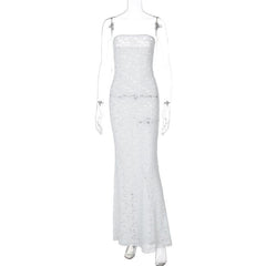 Lace see through solid tube maxi dress